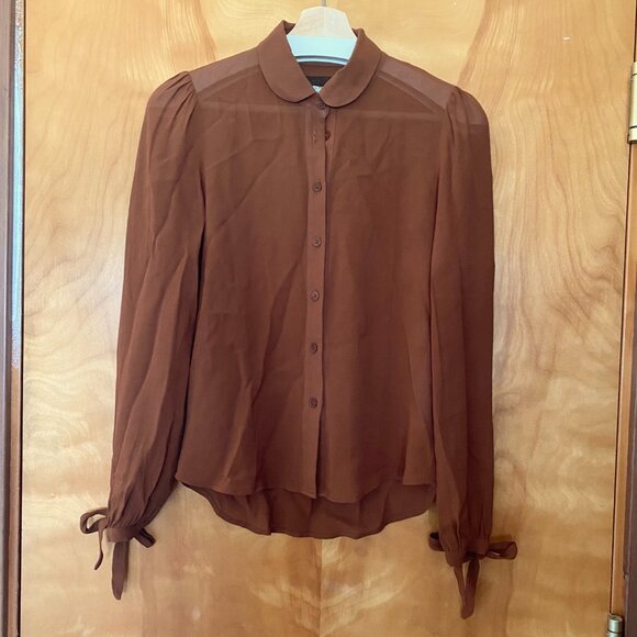 REFORMATION Long Sleeve Button Up Sheer Top Bow Cuffs Women's XS Rich Brown - Picture 3 of 13